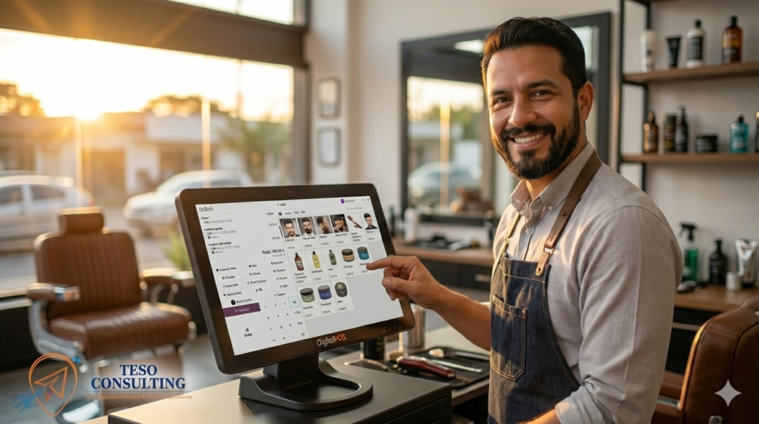 barbero revisando software para barberias y peluquerias en tablet